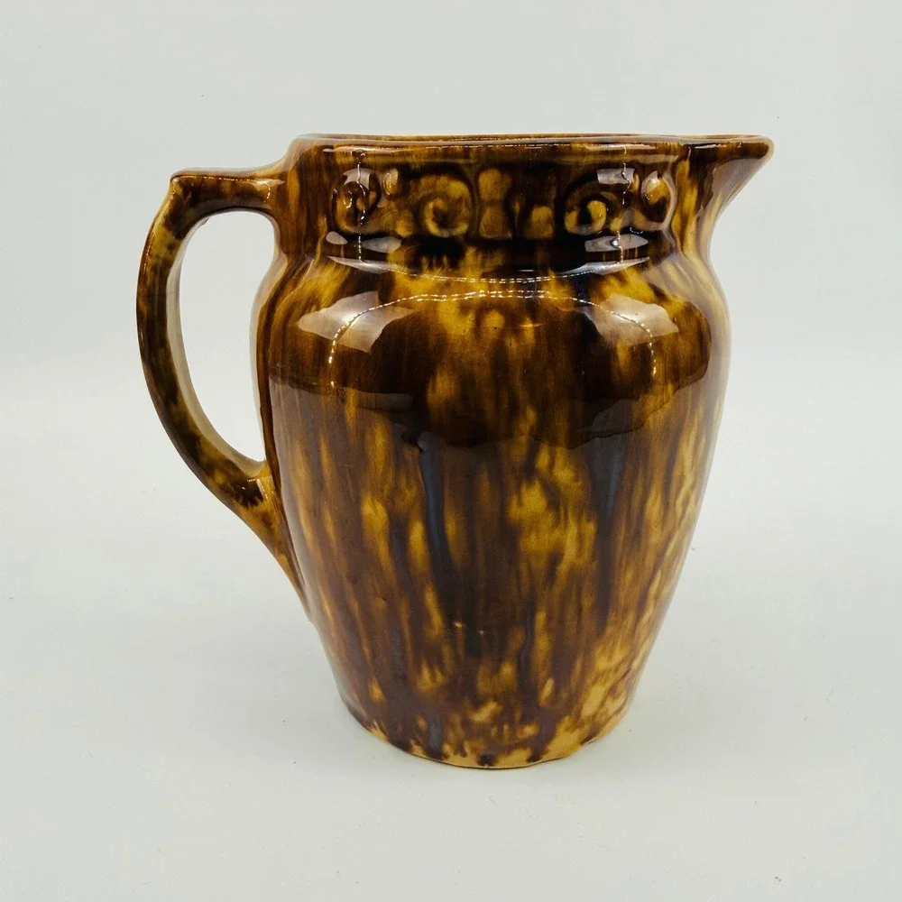 Antique Rockingham Glaze Stoneware Pitcher Brown Bennington Style Embossed 6.5in